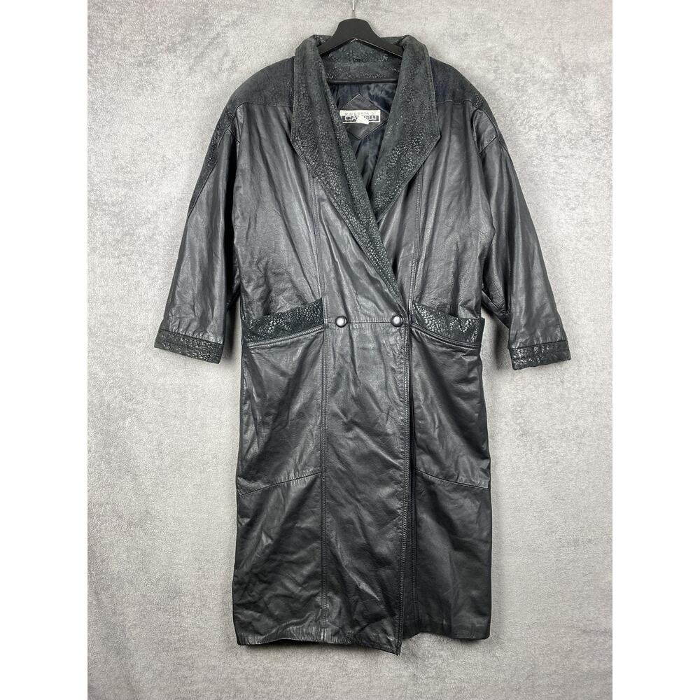 VINTAGE Roberta Di Castelli Leather Coat Womens Large Black Shawl Collar 80s